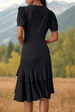 Black V-Neck A Line Ruffled Midi Summer Dress