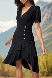 Black V-Neck A Line Ruffled Midi Summer Dress