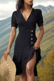 Black V-Neck A Line Ruffled Midi Summer Dress