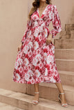 Red Floral V-Neck A Line Summer Dress with Long Sleeves