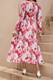 Red Floral V-Neck A Line Summer Dress with Long Sleeves