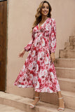 Red Floral V-Neck A Line Summer Dress with Long Sleeves