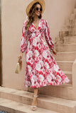 Red Floral V-Neck A Line Summer Dress with Long Sleeves