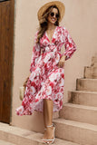 Red Floral V-Neck A Line Summer Dress with Long Sleeves