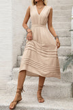 Khaki V-Neck A Line Midi Summer Dress