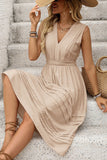 Khaki V-Neck A Line Midi Summer Dress