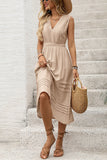 Khaki V-Neck A Line Midi Summer Dress