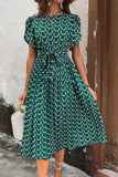 Printed Dark Green A Line Summer Dress with Belt