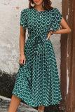 Printed Dark Green A Line Summer Dress with Belt