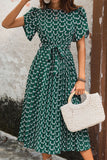 Printed Dark Green A Line Summer Dress with Belt