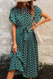 Printed Dark Green A Line Summer Dress with Belt