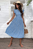 Blue Floral A Line Printed Round Neck Summer Dress