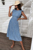 Blue Floral A Line Printed Round Neck Summer Dress