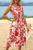 Red Floral Printed Sleeveless A Line Summer Dress
