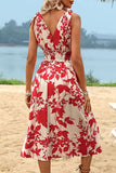 Red Floral Printed Sleeveless A Line Summer Dress