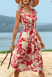 Red Floral Printed Sleeveless A Line Summer Dress