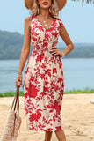 Red Floral Printed Sleeveless A Line Summer Dress