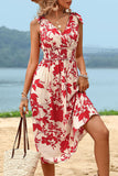 Red Floral Printed Sleeveless A Line Summer Dress