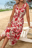 Red Floral Printed Sleeveless A Line Summer Dress