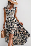 Black Printed A Line Ruffled Summer Dress
