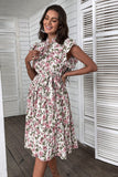 White Pink Floral A Line Pleated Summer Dress