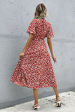 Floral V Neck Red Summer Dress