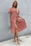 Floral V Neck Red Summer Dress
