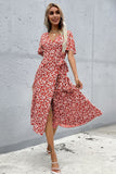 Floral V Neck Red Summer Dress