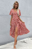 Floral V Neck Red Summer Dress
