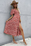 Floral V Neck Red Summer Dress