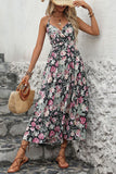Black Printed Floral Halter A Line Summer Dress