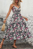 Black Printed Floral Halter A Line Summer Dress
