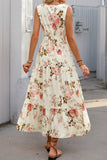 Apricot Printed V Neck A Line Summer Dress
