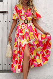 Floral Printed Fuchsia A Line Summer Dress with Belt