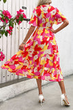 Floral Printed Fuchsia A Line Summer Dress with Belt