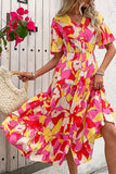 Floral Printed Fuchsia A Line Summer Dress with Belt