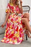 Floral Printed Fuchsia A Line Summer Dress with Belt