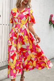 Floral Printed Fuchsia A Line Summer Dress with Belt