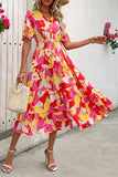 Floral Printed Fuchsia A Line Summer Dress with Belt