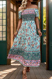 Off the Shoulder A Line Green Printed Summer Dress