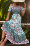 Off the Shoulder A Line Green Printed Summer Dress