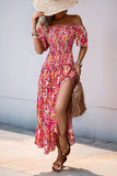 Fuchsia Floral Off the Shoulder A Line Summer Dress