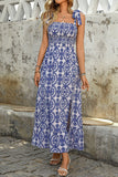 Blue Printed A Line Summer Dress with Slit