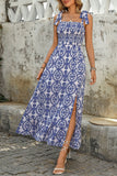 Blue Printed A Line Summer Dress with Slit