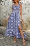 Blue Printed A Line Summer Dress with Slit