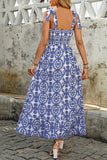 Blue Printed A Line Summer Dress with Slit