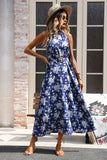 Floral Halter Dark Blue A Line Summer Dress
