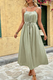 Green Spaghetti Straps A Line Pleated Summer Dress