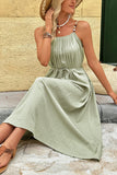 Green Spaghetti Straps A Line Pleated Summer Dress