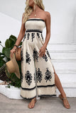 Light Khaki Printed Strapless Summer Dress